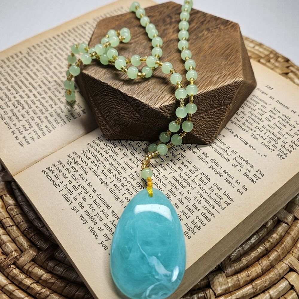 Bohemian Glass Necklace Beaded Faux Jade Unisex Pendant Aqua & Green One-size